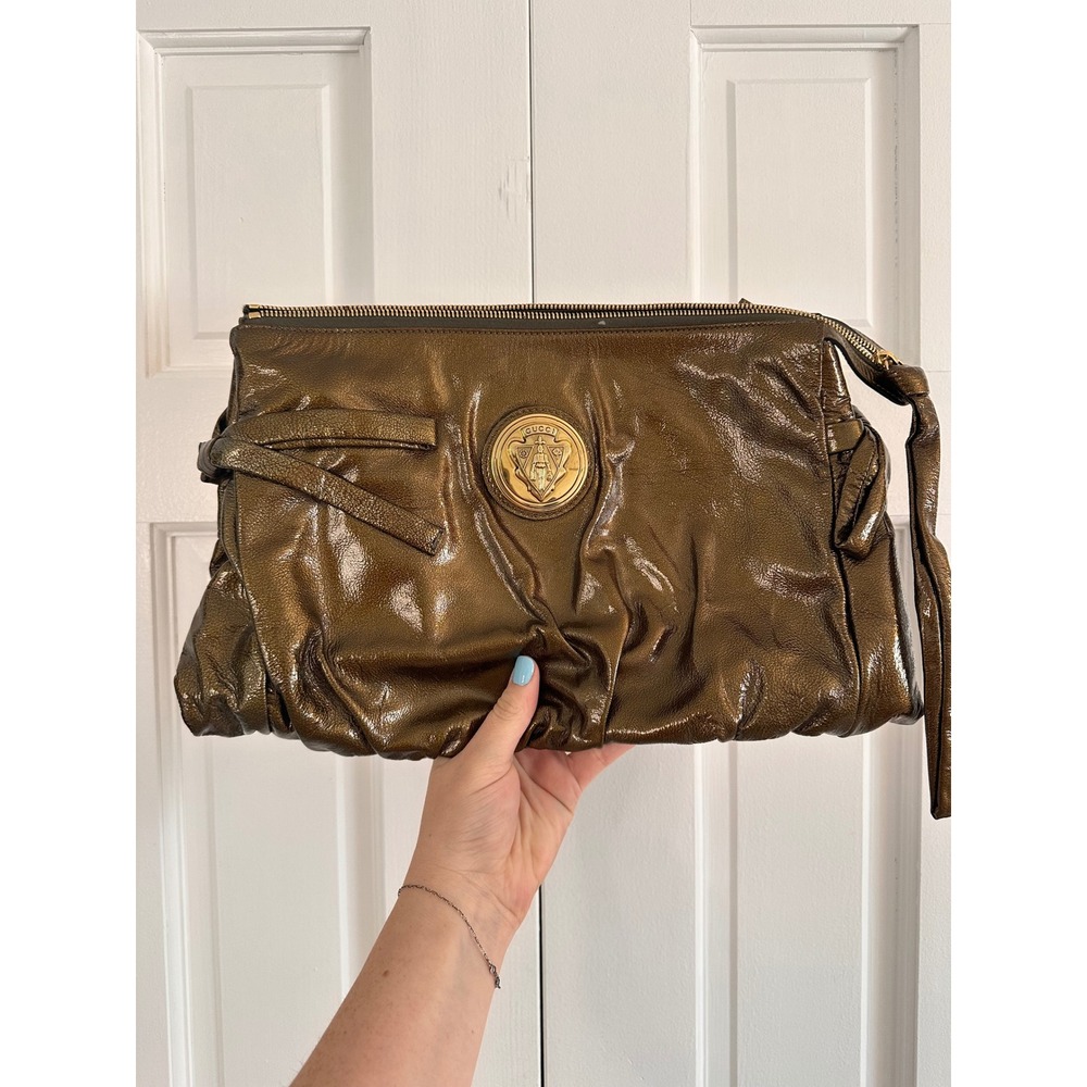 Gucci Hysteria Metallic Bronze Patent Leather Crest Clutch Bag 197015 - Picture 3 of 12